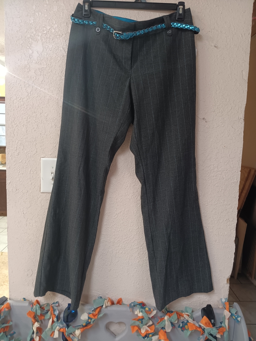 No Boundaries Dark Gray Pinstripe Pants with Teal Braided Belt